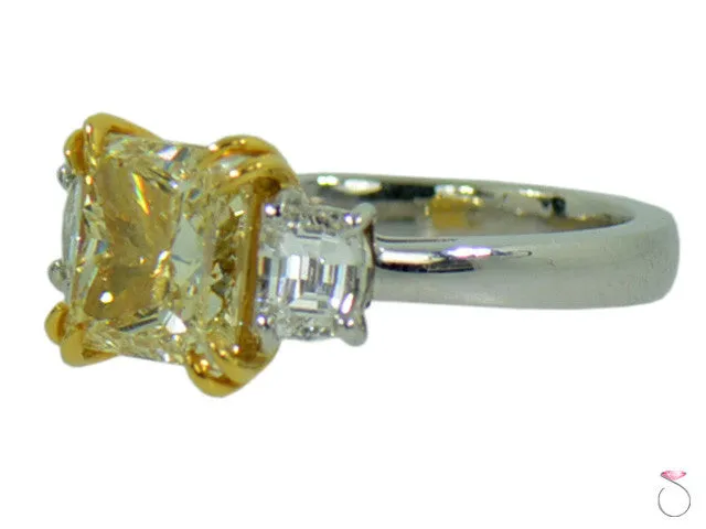 Radiant Yellow Diamond Three Stone Ring 3.82ctw in Platinum