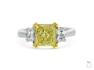 Radiant Yellow Diamond Three Stone Ring 3.82ctw in Platinum