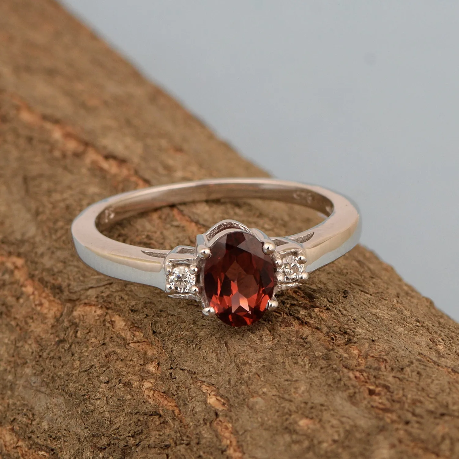 Red Garnet Oval 7X5 MM Gemstone 925 Sterling Silver 3-Stone Proposal Ring