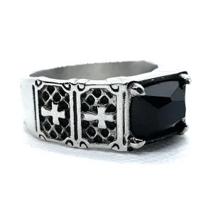 Return of the "Gypsy Queen" Faceted Rectangle Onyx Gem Stainless Steel Ring with Crosses (#346)