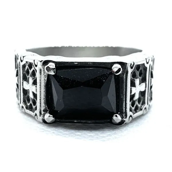 Return of the "Gypsy Queen" Faceted Rectangle Onyx Gem Stainless Steel Ring with Crosses (#346)