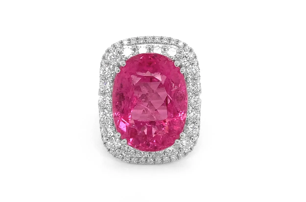 Ring 18kt Gold Center Rubellite & 90 Diamonds