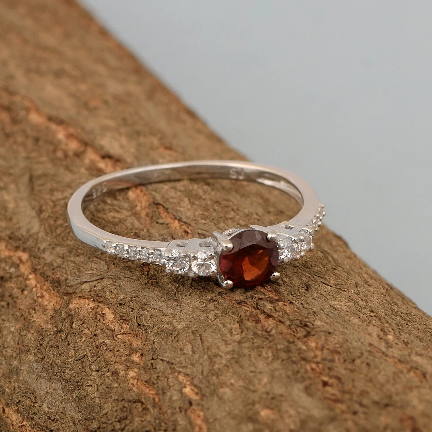 Round 5 MM Garnet Gemstone 925 Sterling Silver Women Engagement Ring
