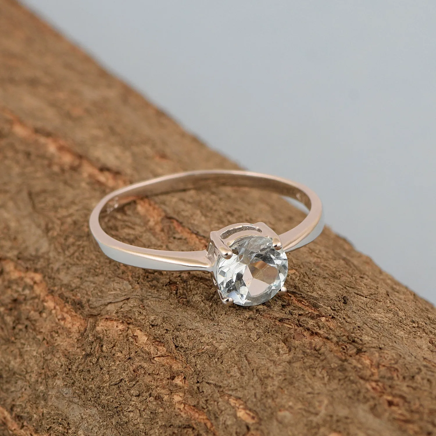 Round Cut 6mm Aquamarine Gemstone Solitaire Ring for Women in 925 Sterling Silver