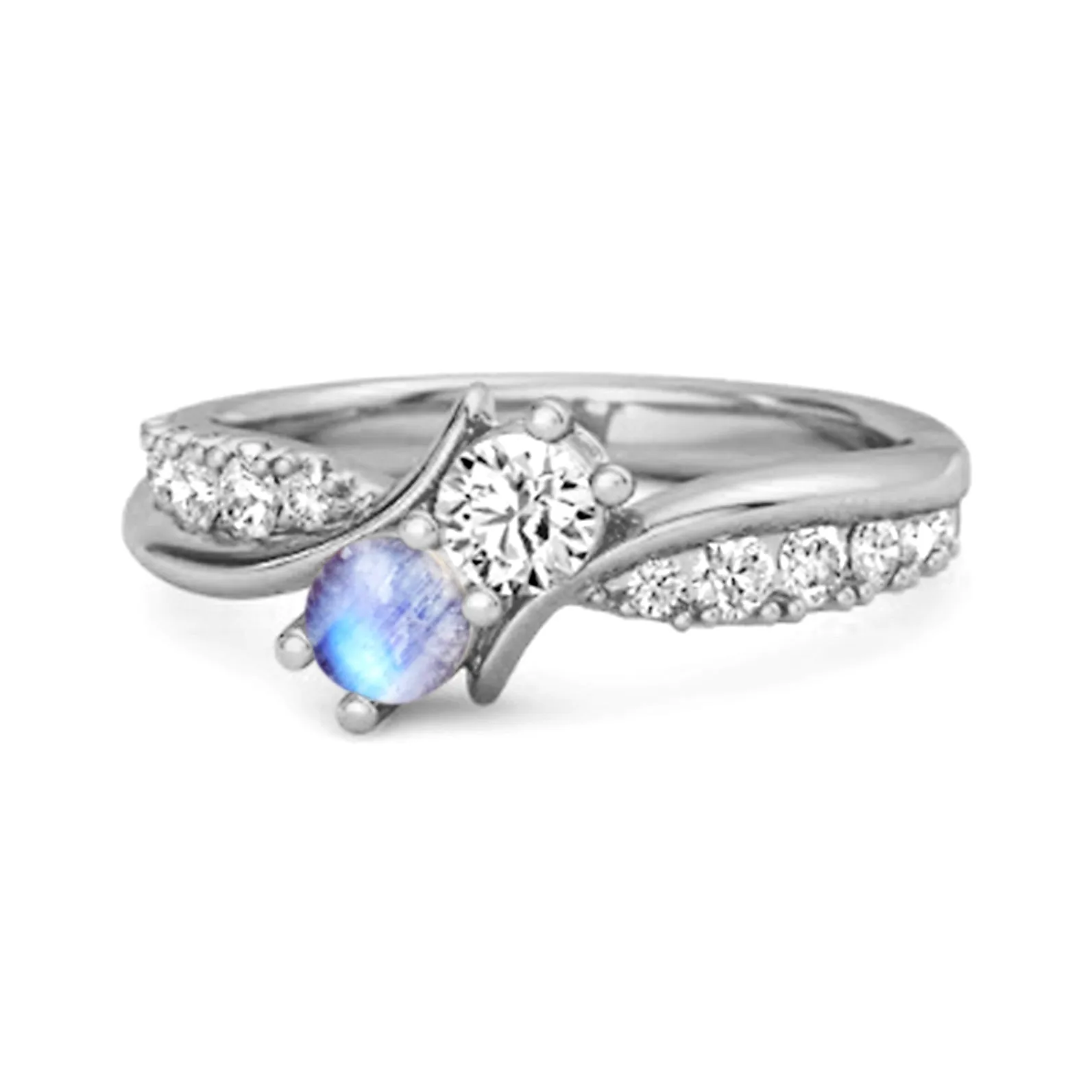 Round Cut Moonstone Two Stone Swirl 925 Silver Anniversary Ring