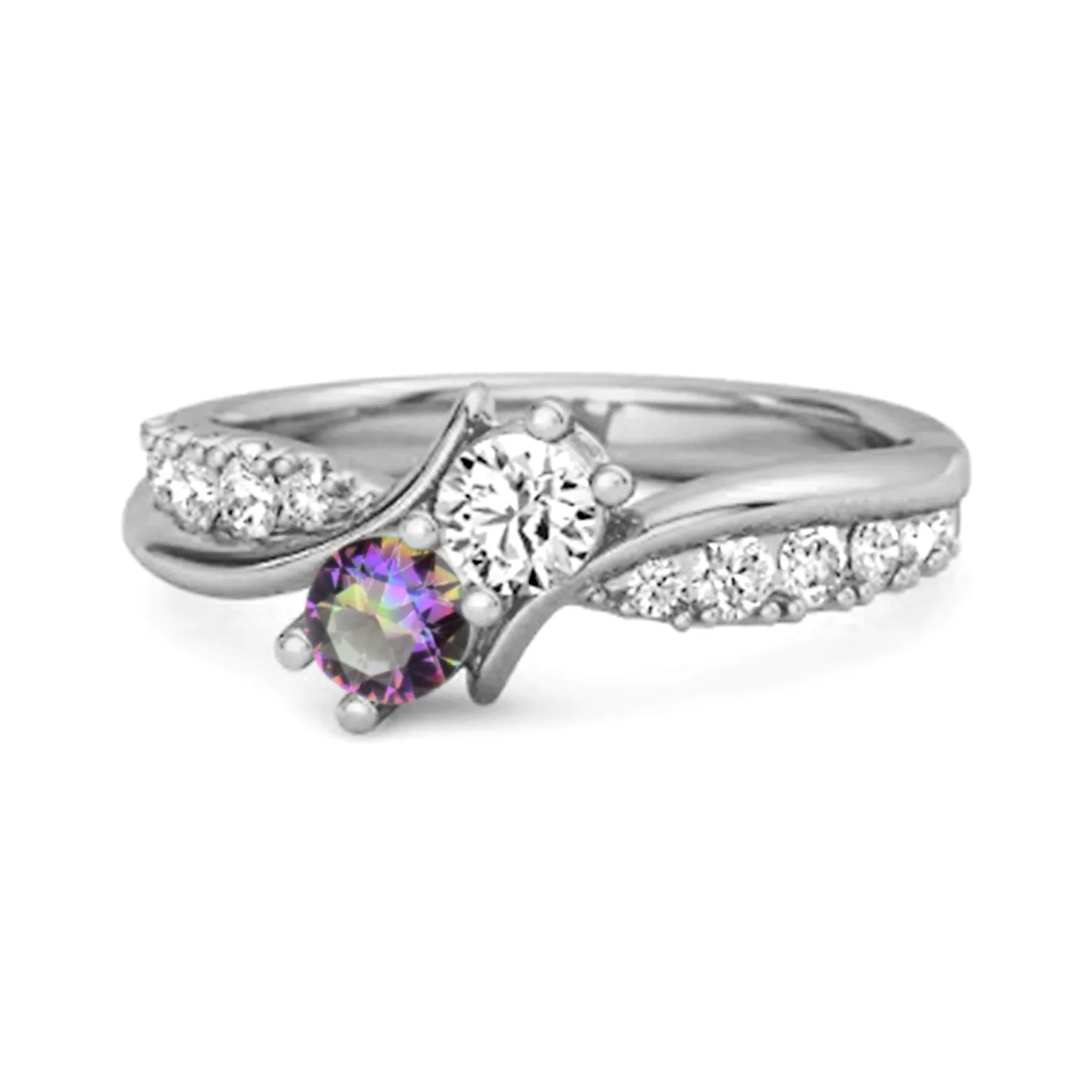 Round Cut Mystic Topaz Two Stone Swirl 925 Silver Anniversary Ring
