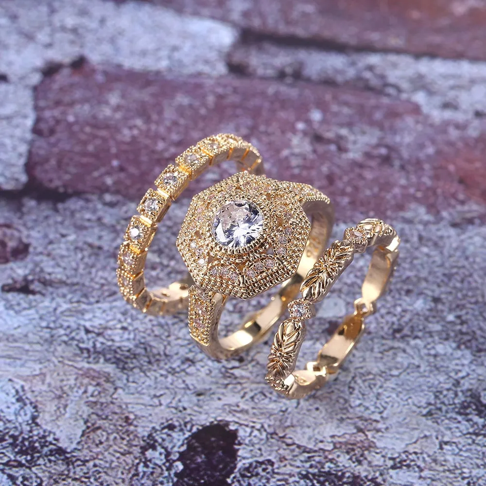 Royal Gold Bridal Ring Set White Sapphire Gemstone Women's Jewelry