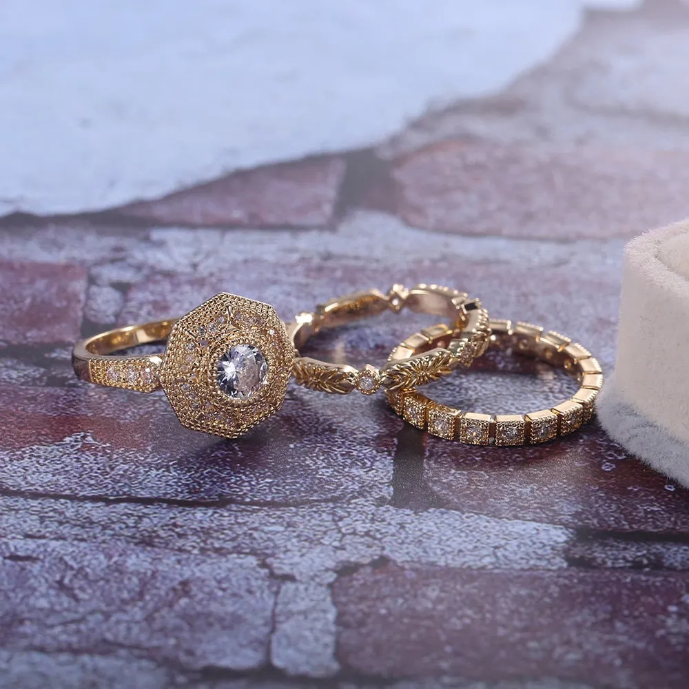 Royal Gold Bridal Ring Set White Sapphire Gemstone Women's Jewelry