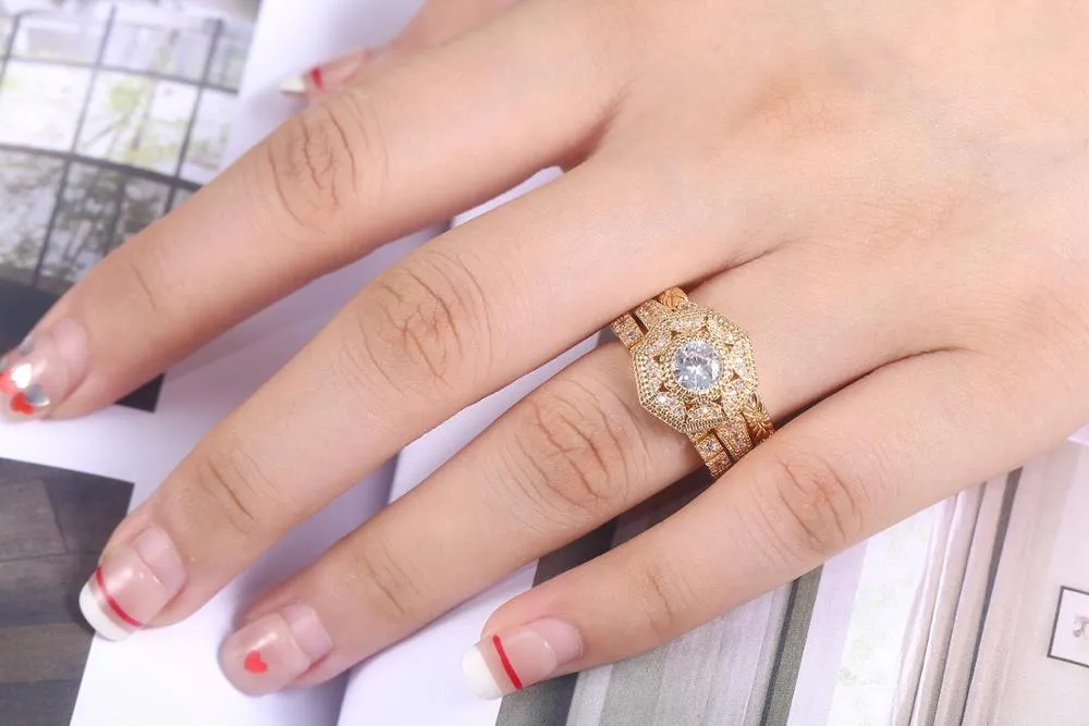 Royal Gold Bridal Ring Set White Sapphire Gemstone Women's Jewelry