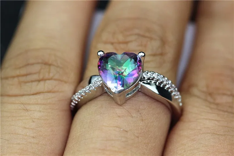 Silver Plated Rainbow Heart Cubic Zirconia Ring