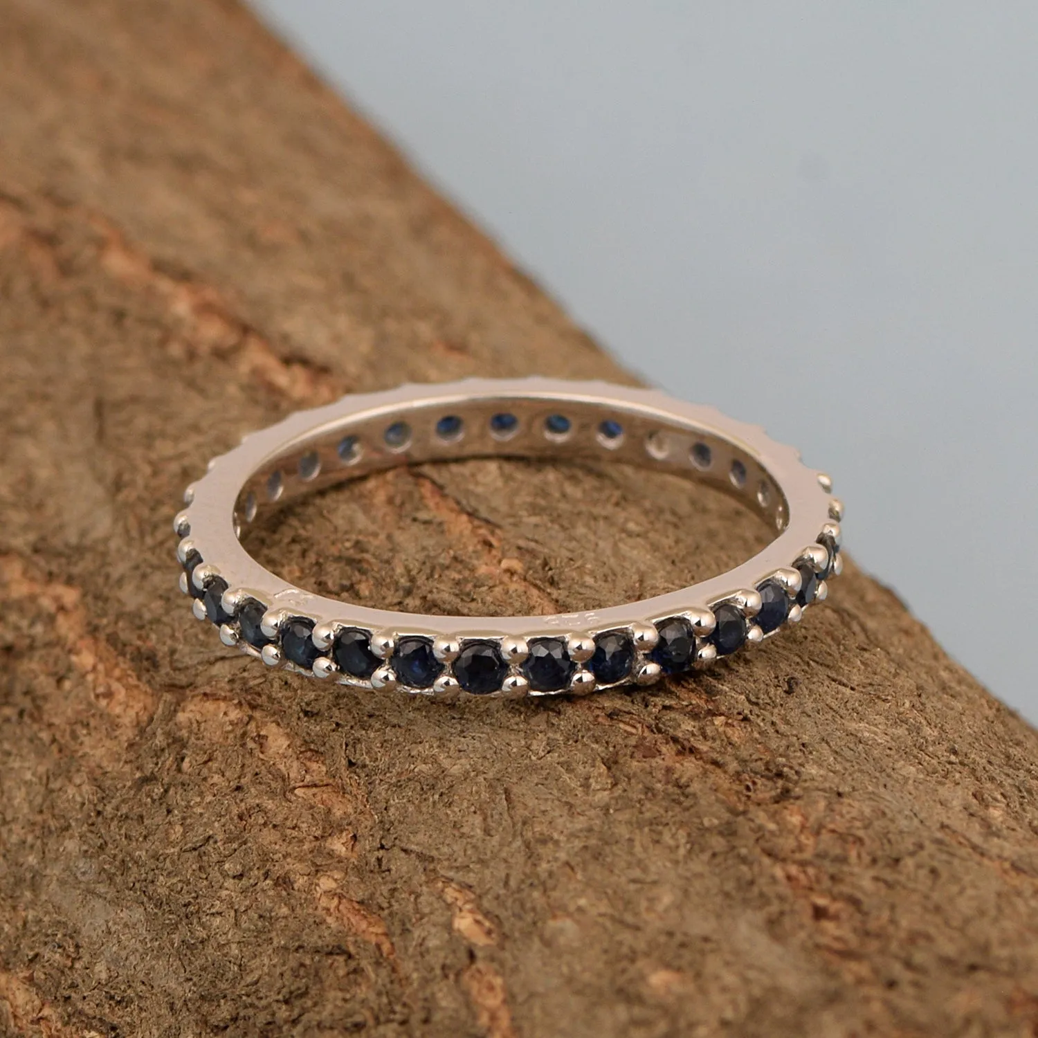 Solid 925 Sterling Silver Stackable Round 2 MM Blue Sapphire Women Wedding Ring