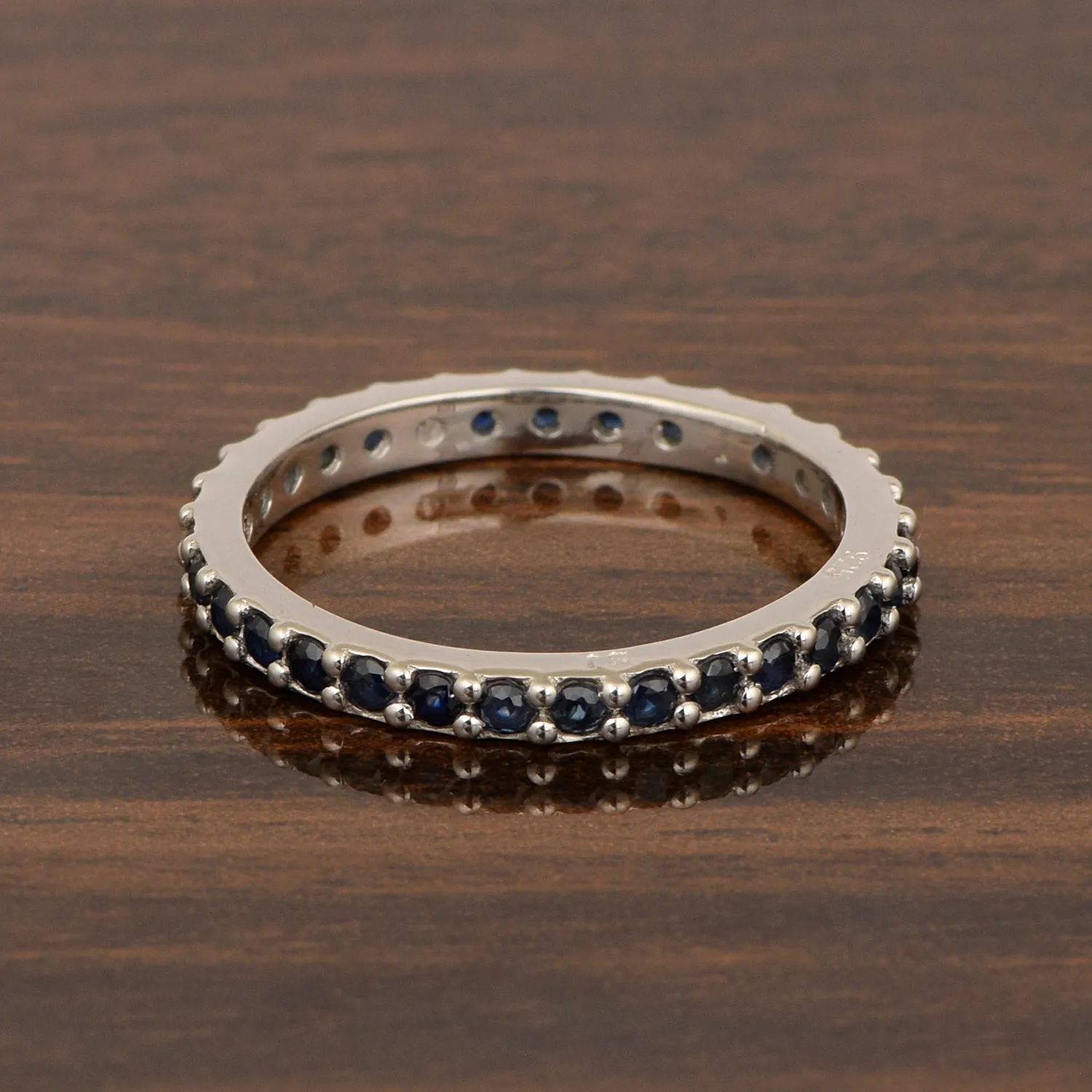 Solid 925 Sterling Silver Stackable Round 2 MM Blue Sapphire Women Wedding Ring