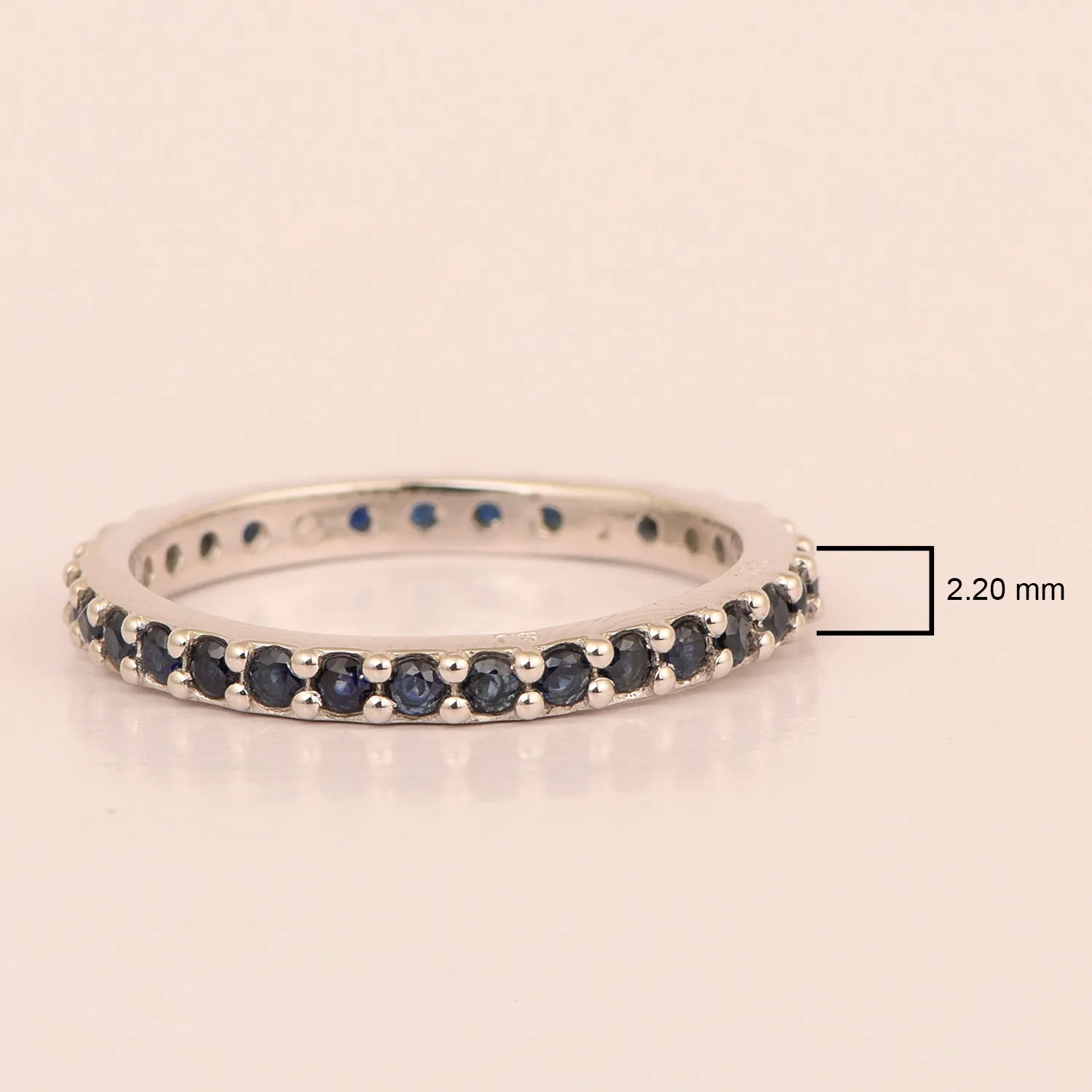 Solid 925 Sterling Silver Stackable Round 2 MM Blue Sapphire Women Wedding Ring
