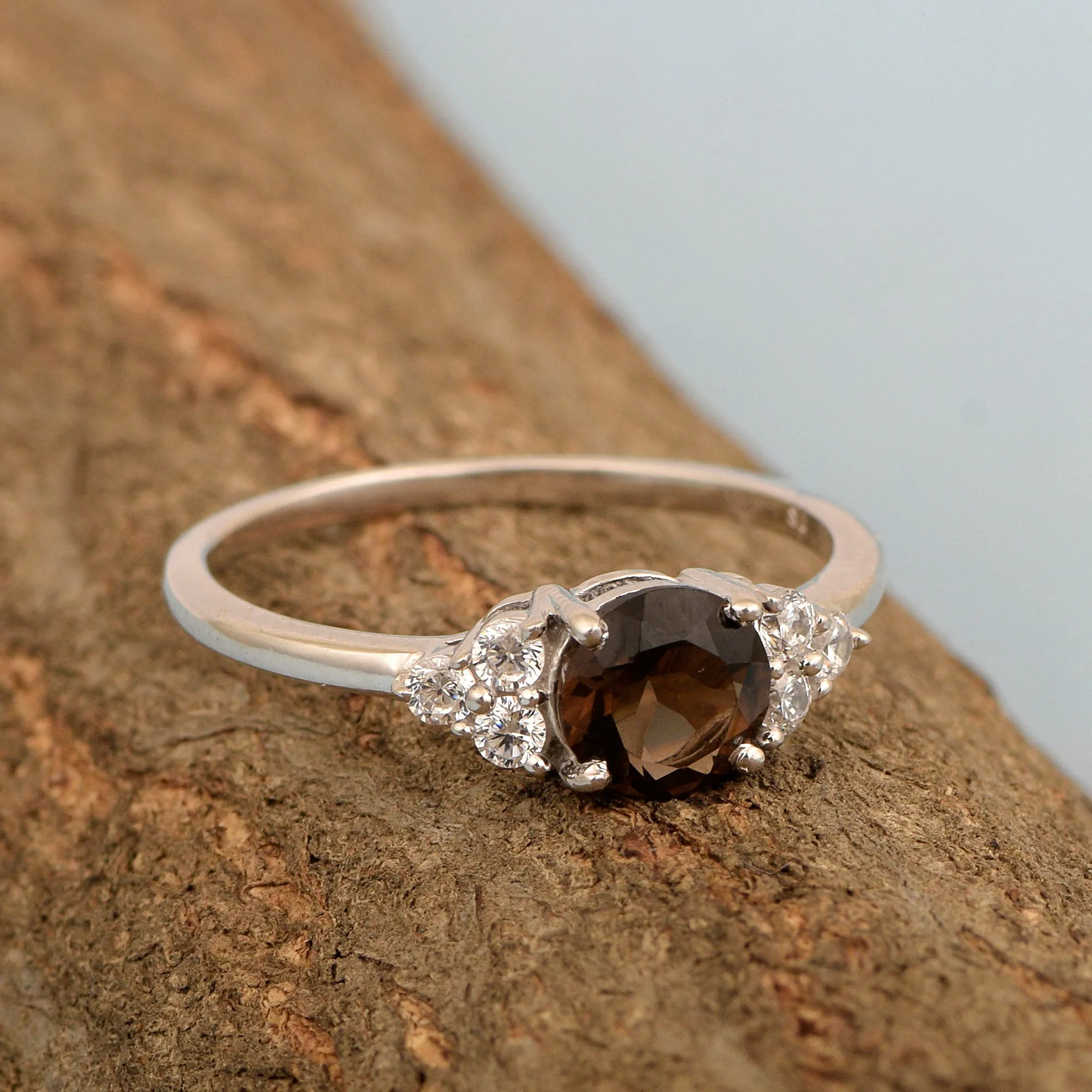 Solitaire Round 0.60 Ctw Smoky Quartz Sterling Silver 925 Women Engagement Ring