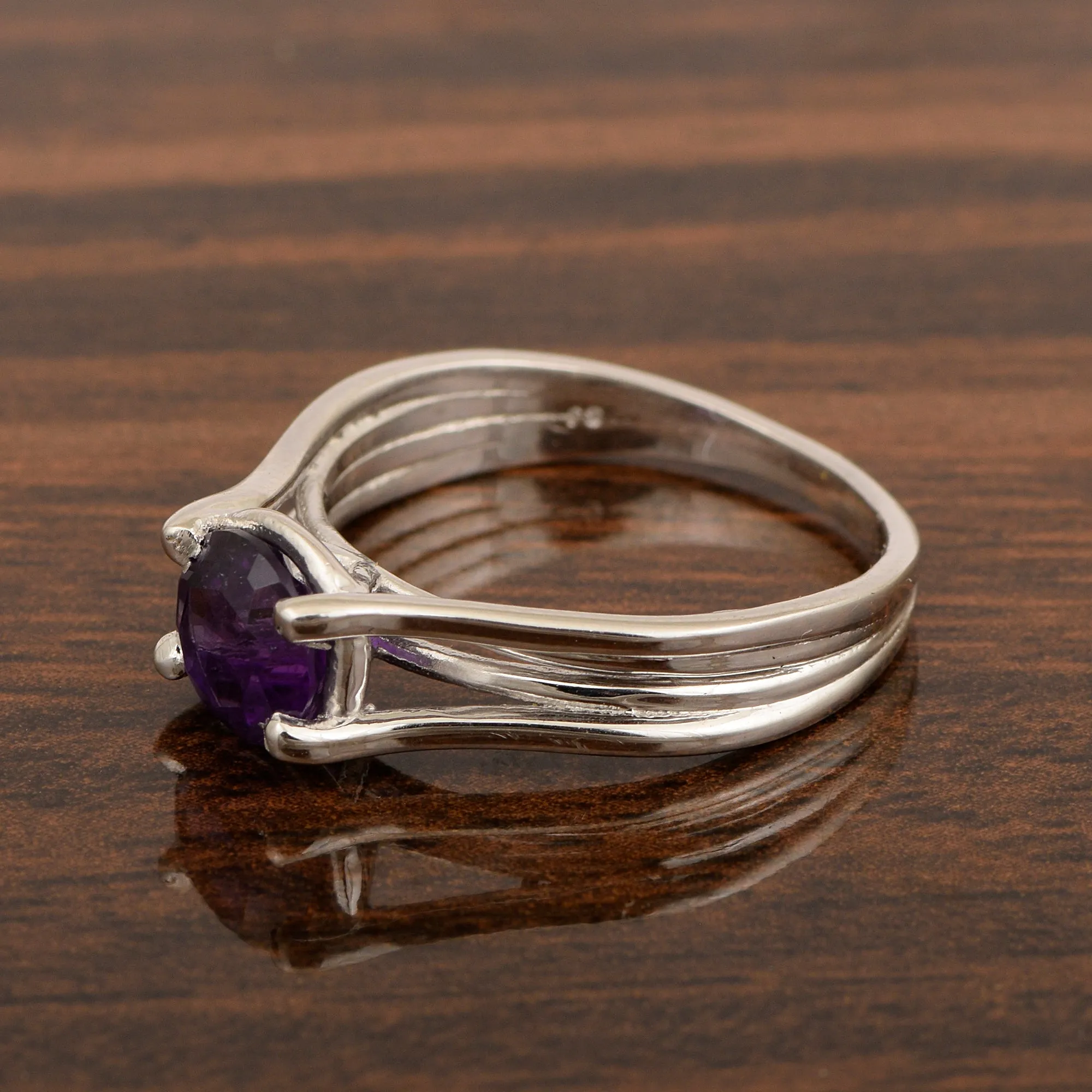 Solitaire Round 8mm Amethyst 925 Sterling Silver Wedding Ring