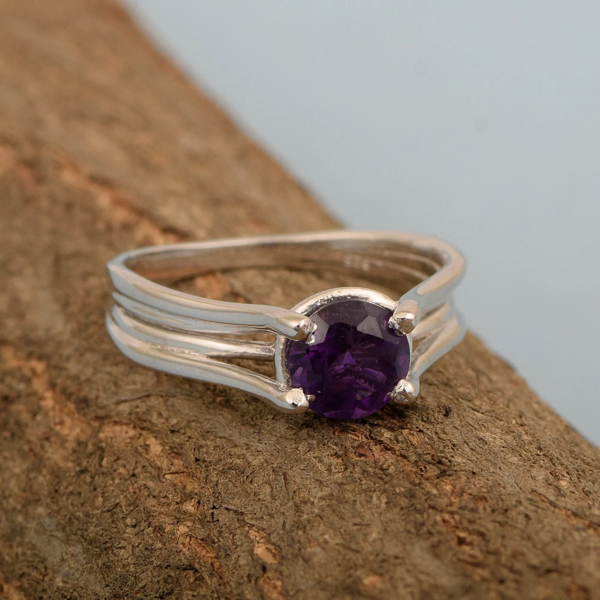 Solitaire Round 8mm Amethyst 925 Sterling Silver Wedding Ring