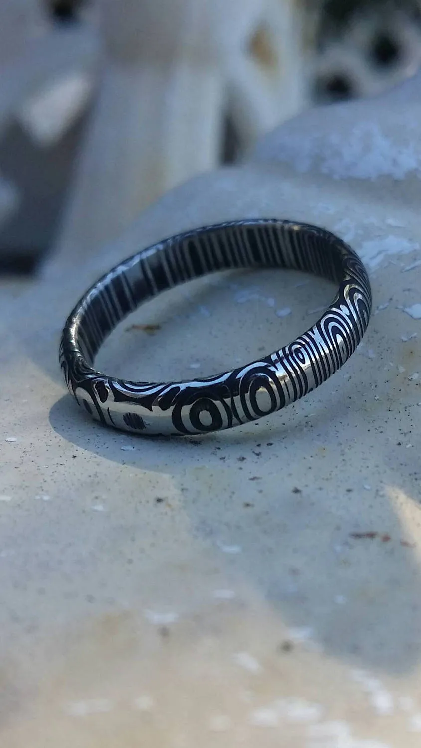 Stainless Damascus dark finish  "bamboo" 3mm or 4mm damscus steel ring, damascus ring womens ring