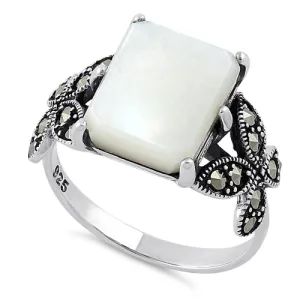 Sterling Silver Mother of Pearl Square Butterfly Marcasite Ring
