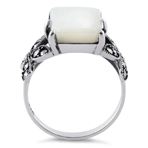 Sterling Silver Mother of Pearl Square Butterfly Marcasite Ring