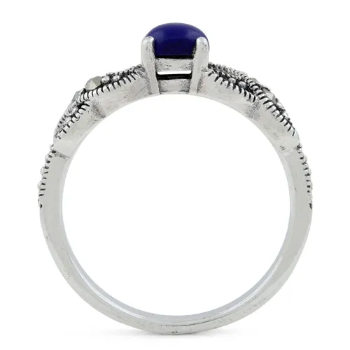 Sterling Silver Oval Blue Lapis Marcasite Ring