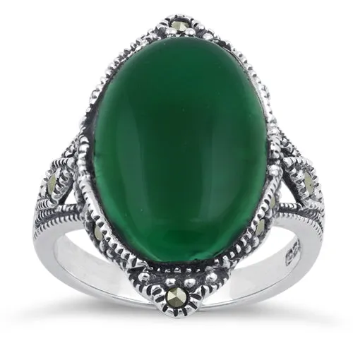 Sterling Silver Oval Green Agate Marcasite Ring