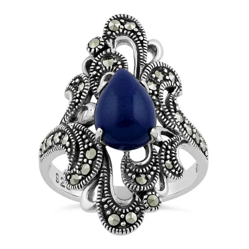 Sterling Silver Pear Shape Blue Lapis Marcasite Ring