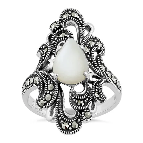 Sterling Silver Pear Shape Mother of Pearl Marcasite Ring