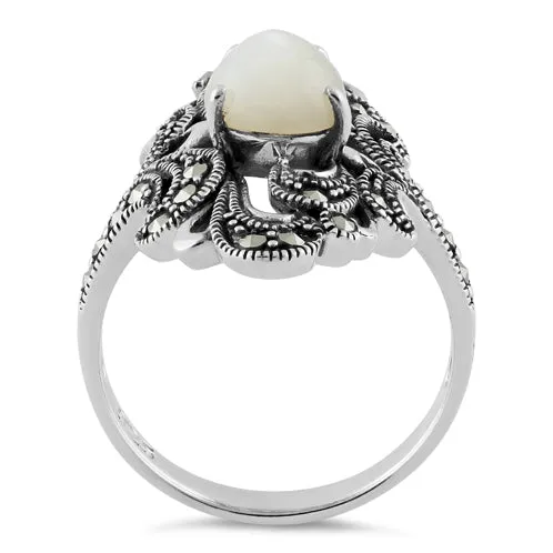 Sterling Silver Pear Shape Mother of Pearl Marcasite Ring