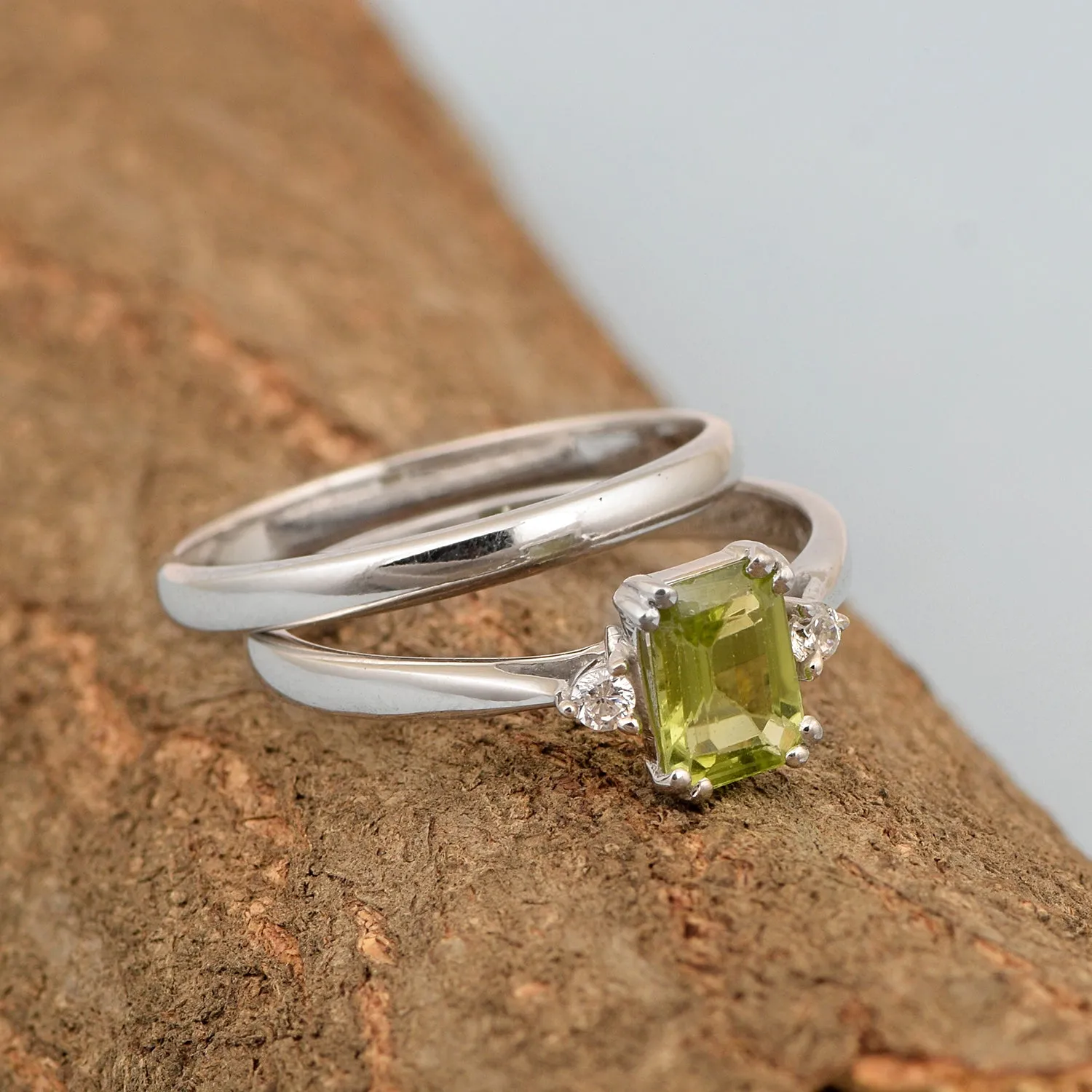 Sterling Silver Radiant Cut 1.20 Ctw Peridot Dual Band Women Stacking Ring