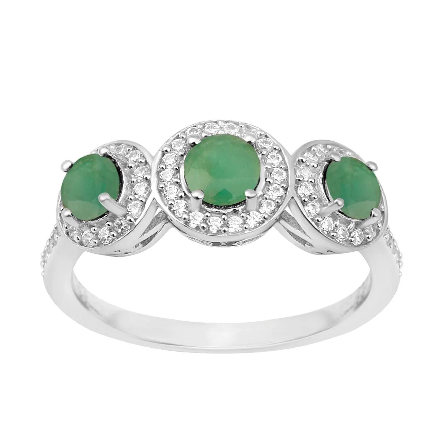 Sterling Silver Round 1.05 Ctw Emerald Gemstone 3-Stone Engagement Ring