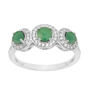 Sterling Silver Round 1.05 Ctw Emerald Gemstone 3-Stone Engagement Ring