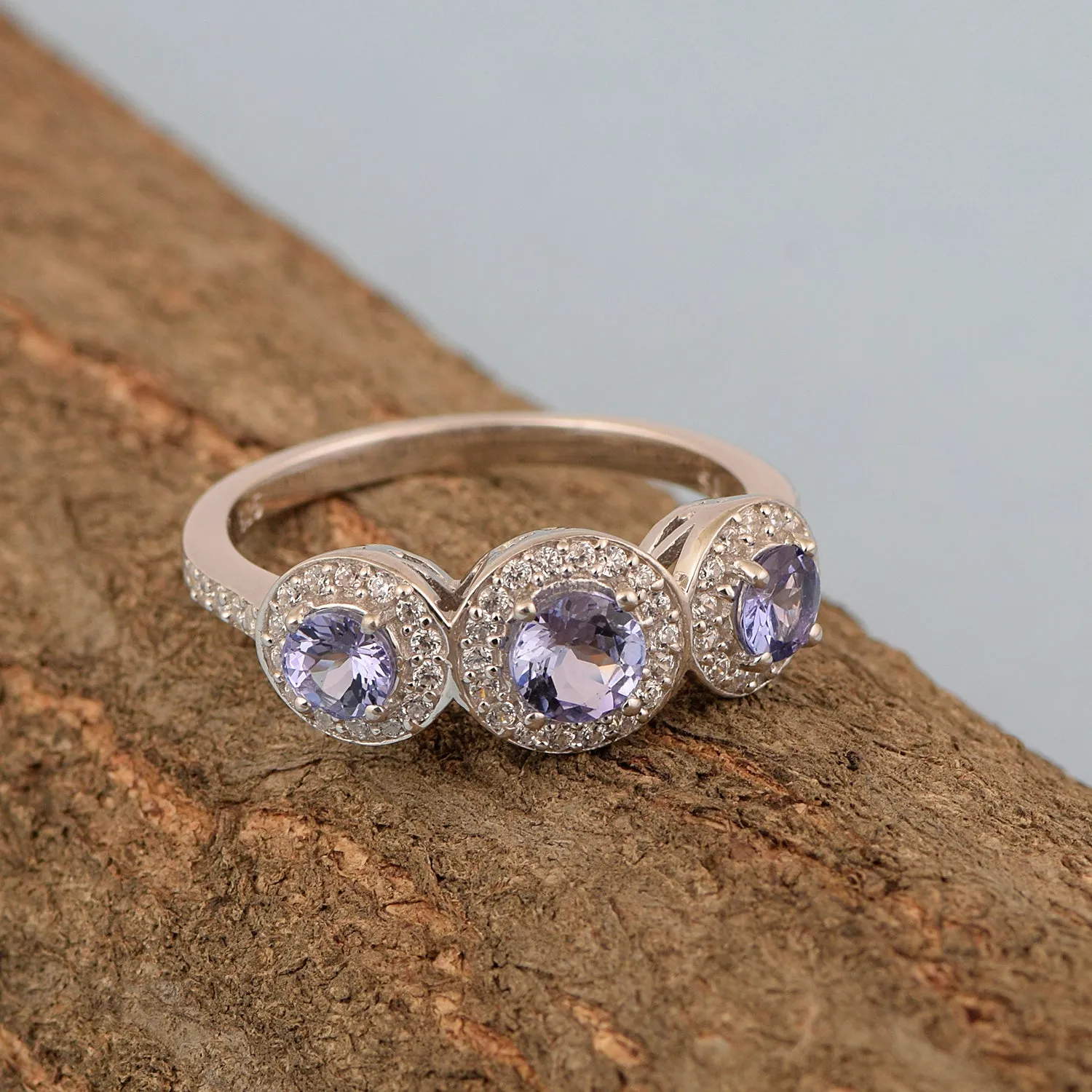 Sterling Silver Round 1.05 Ctw Tanzanite Gemstone 3-Stone Engagement Ring