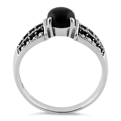 Sterling Silver Round Black Onyx Marcasite Ring