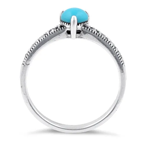 Sterling Silver Simulated Turquoise Heart Marcasite Ring