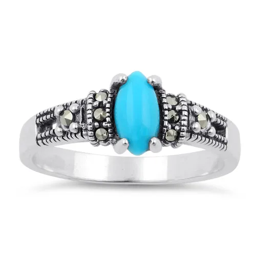 Sterling Silver Simulated Turquoise Marquise Marcasite Ring