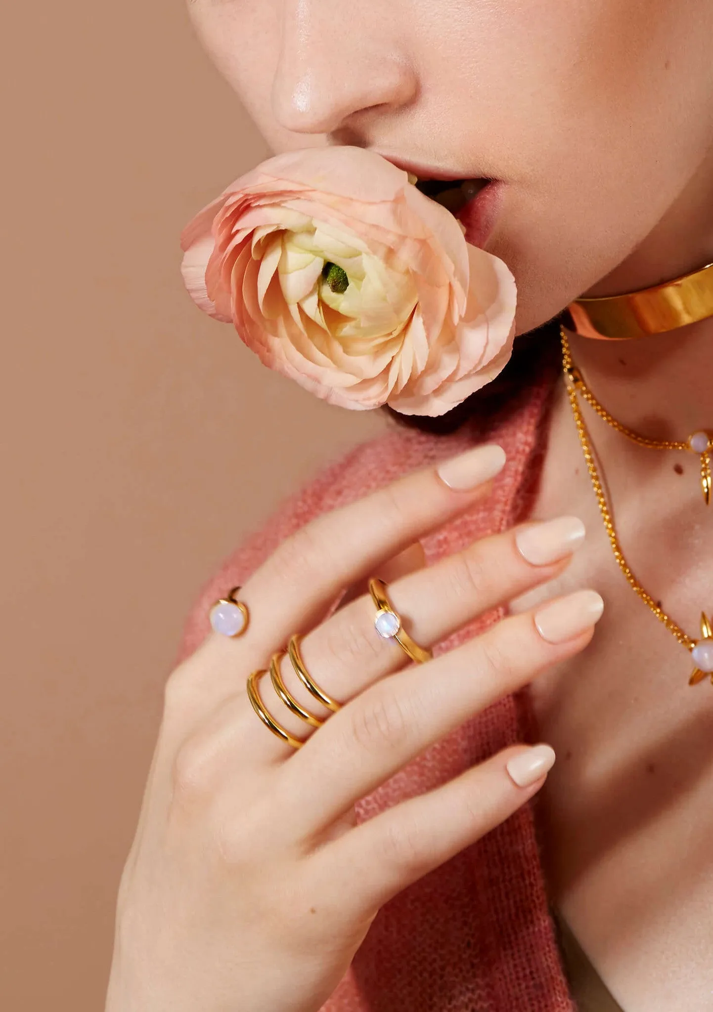 Tangent Ring in Gold with Rainbow Moonstone