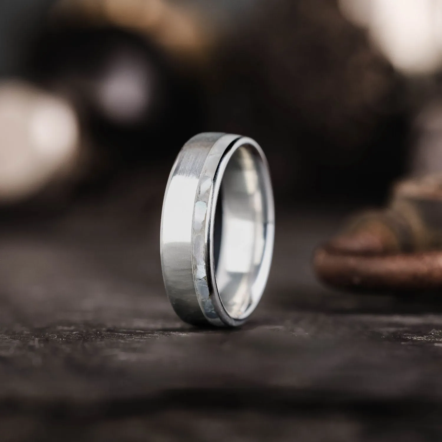 The Dune | Men's Silver Wedding Band with Offset Mother of Pearl Inlay