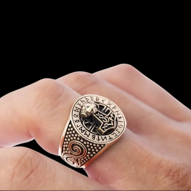 Thor Hammer Runic Bronze Ring