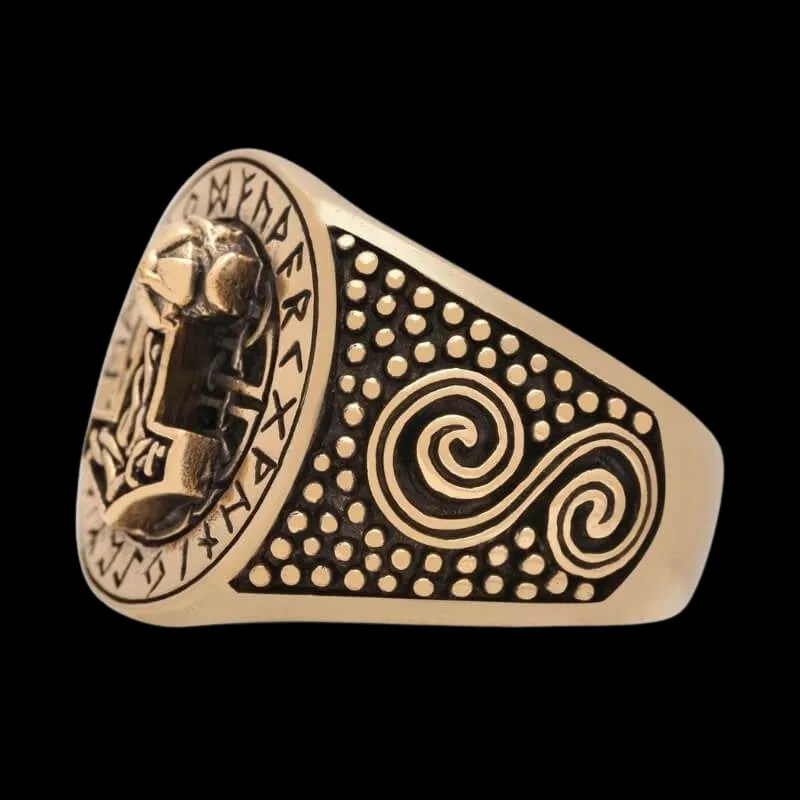 Thor Hammer Runic Bronze Ring