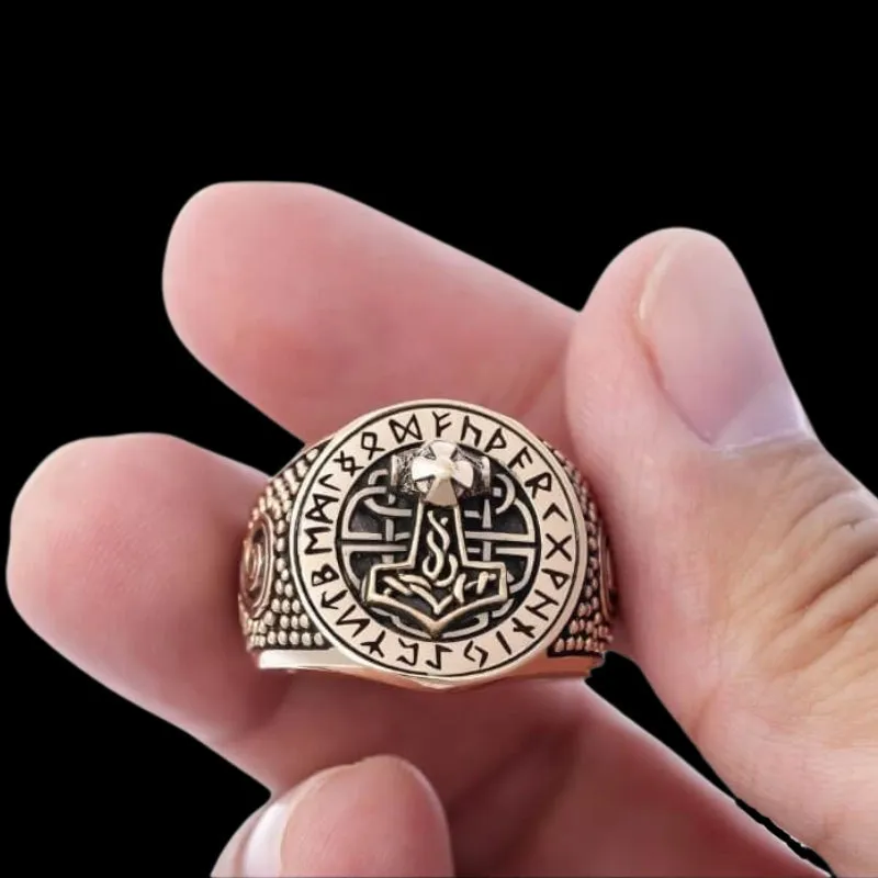Thor Hammer Runic Bronze Ring