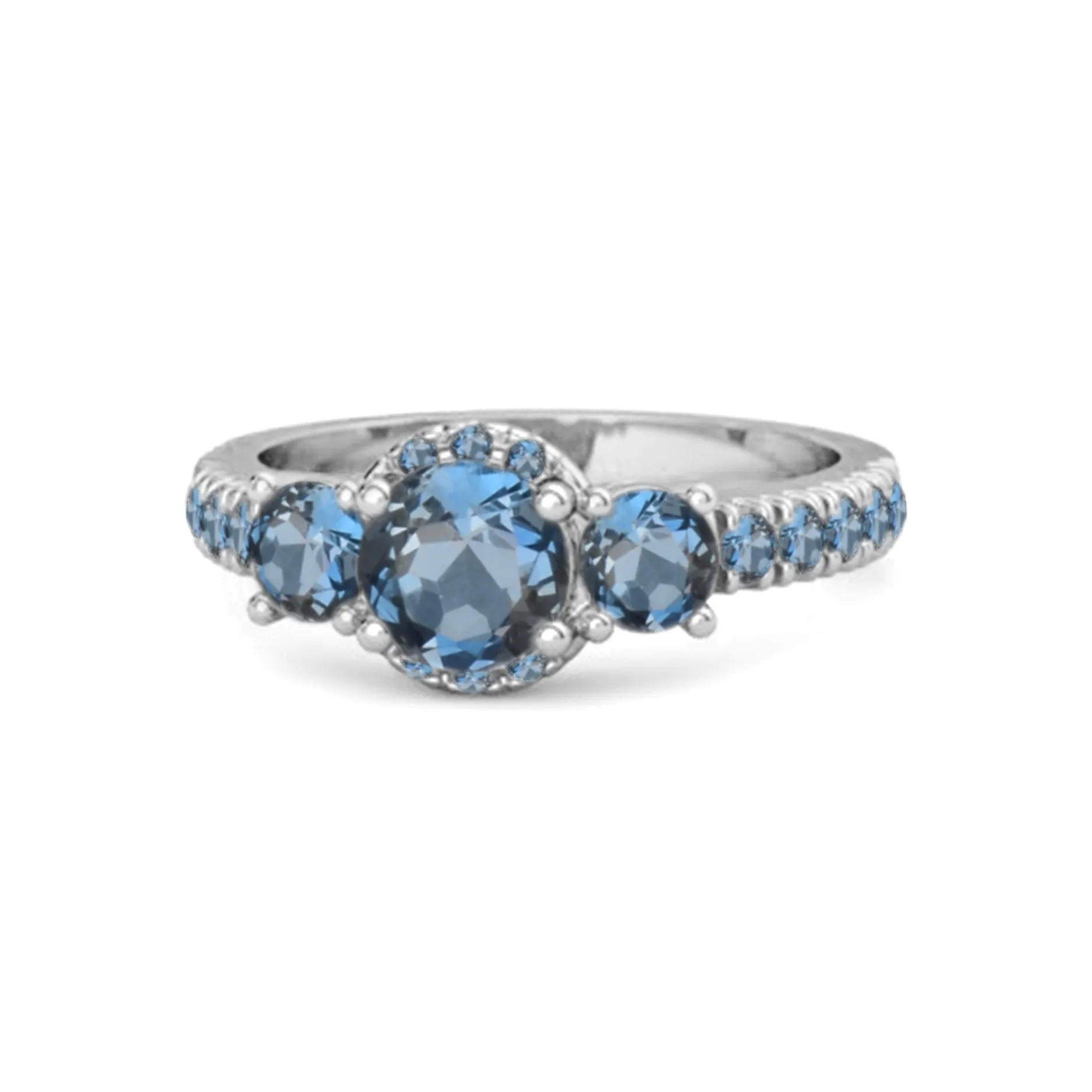 Three Stone London Blue Topaz Rare Cut 925 Sterling Silver Accent Ring