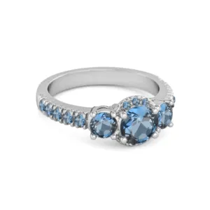 Three Stone London Blue Topaz Rare Cut 925 Sterling Silver Accent Ring