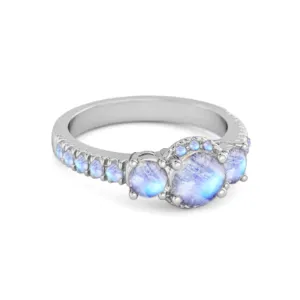 Three Stone Moonstone Rare Cut 925 Sterling Silver Accent Ring
