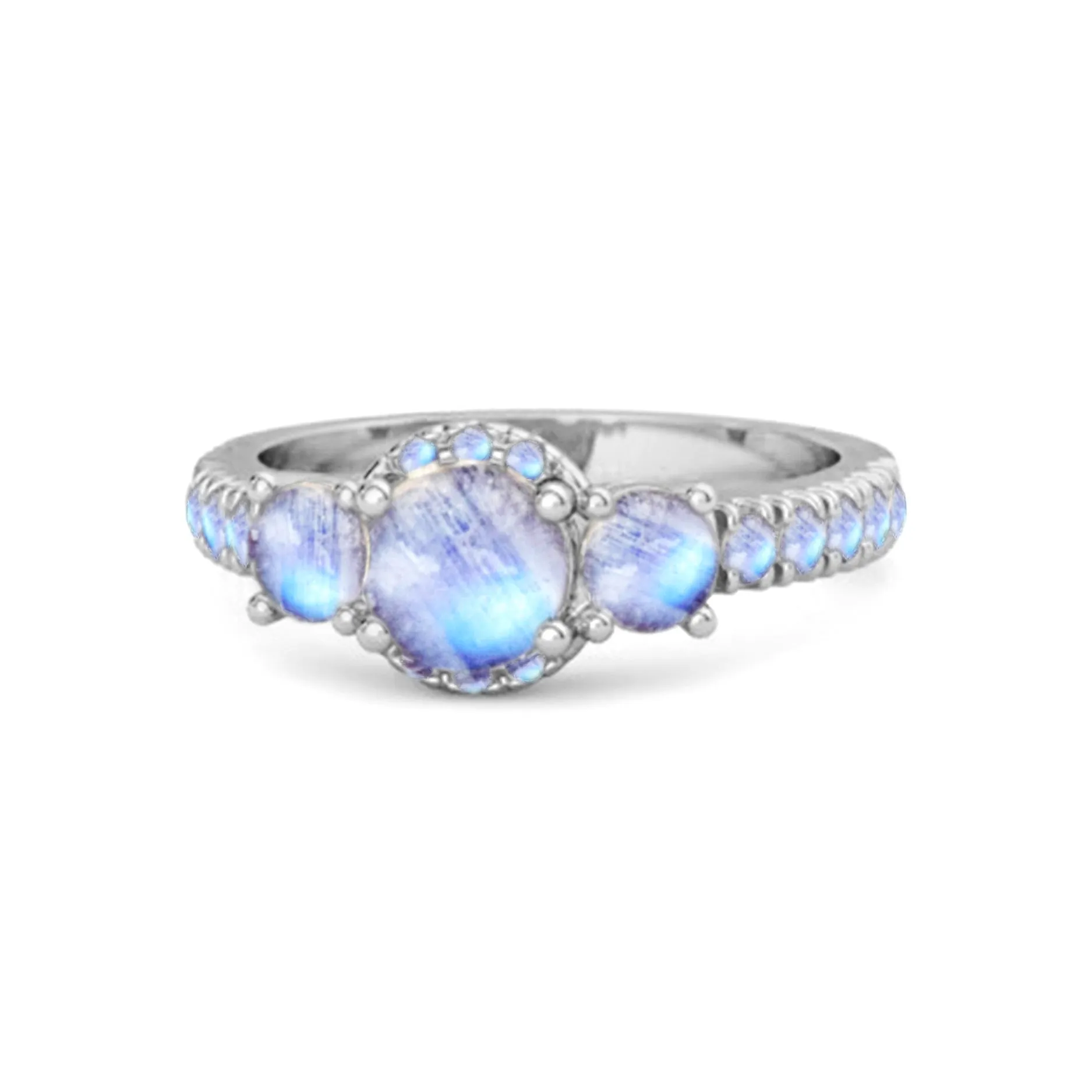 Three Stone Moonstone Rare Cut 925 Sterling Silver Accent Ring