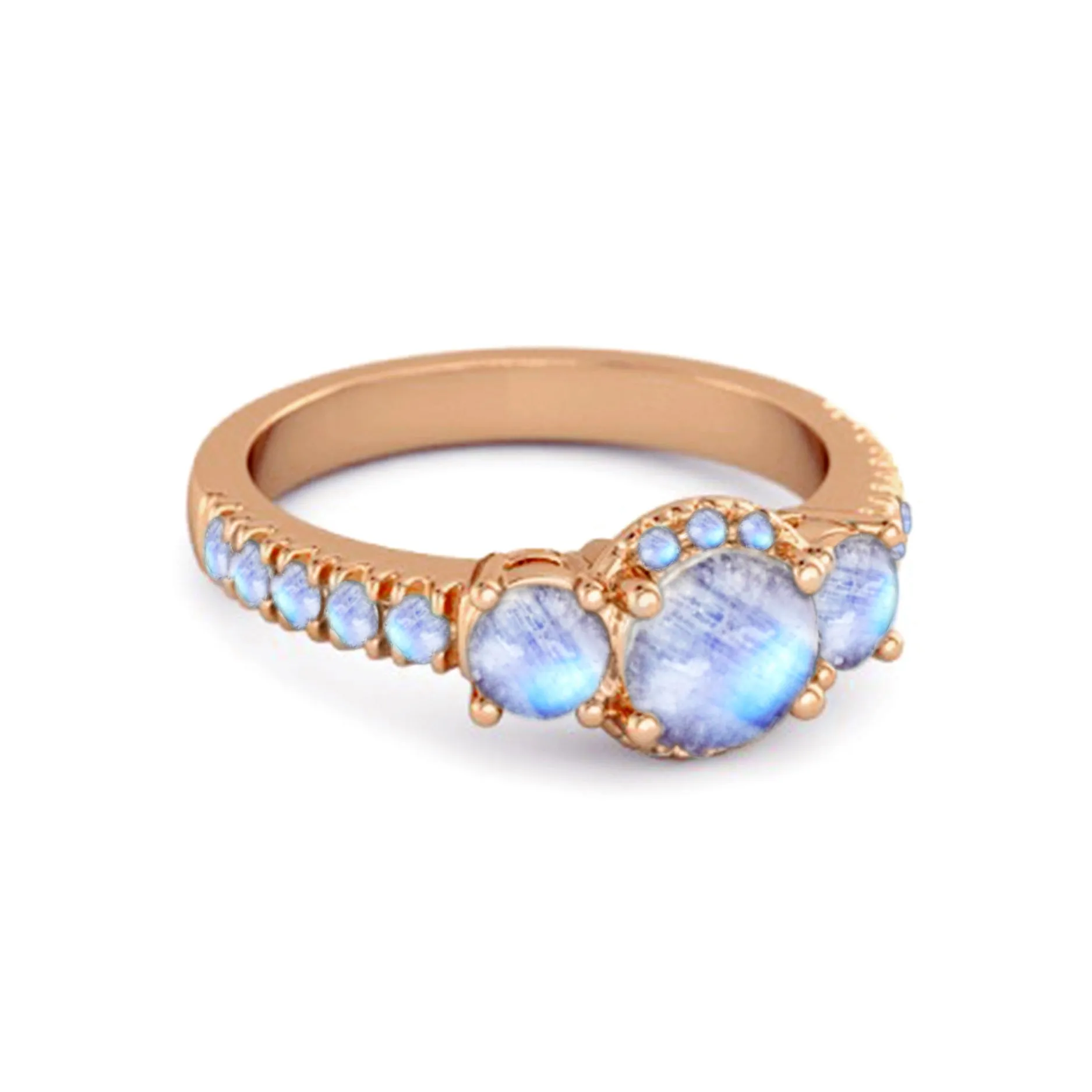 Three Stone Moonstone Rare Cut 925 Sterling Silver Accent Ring