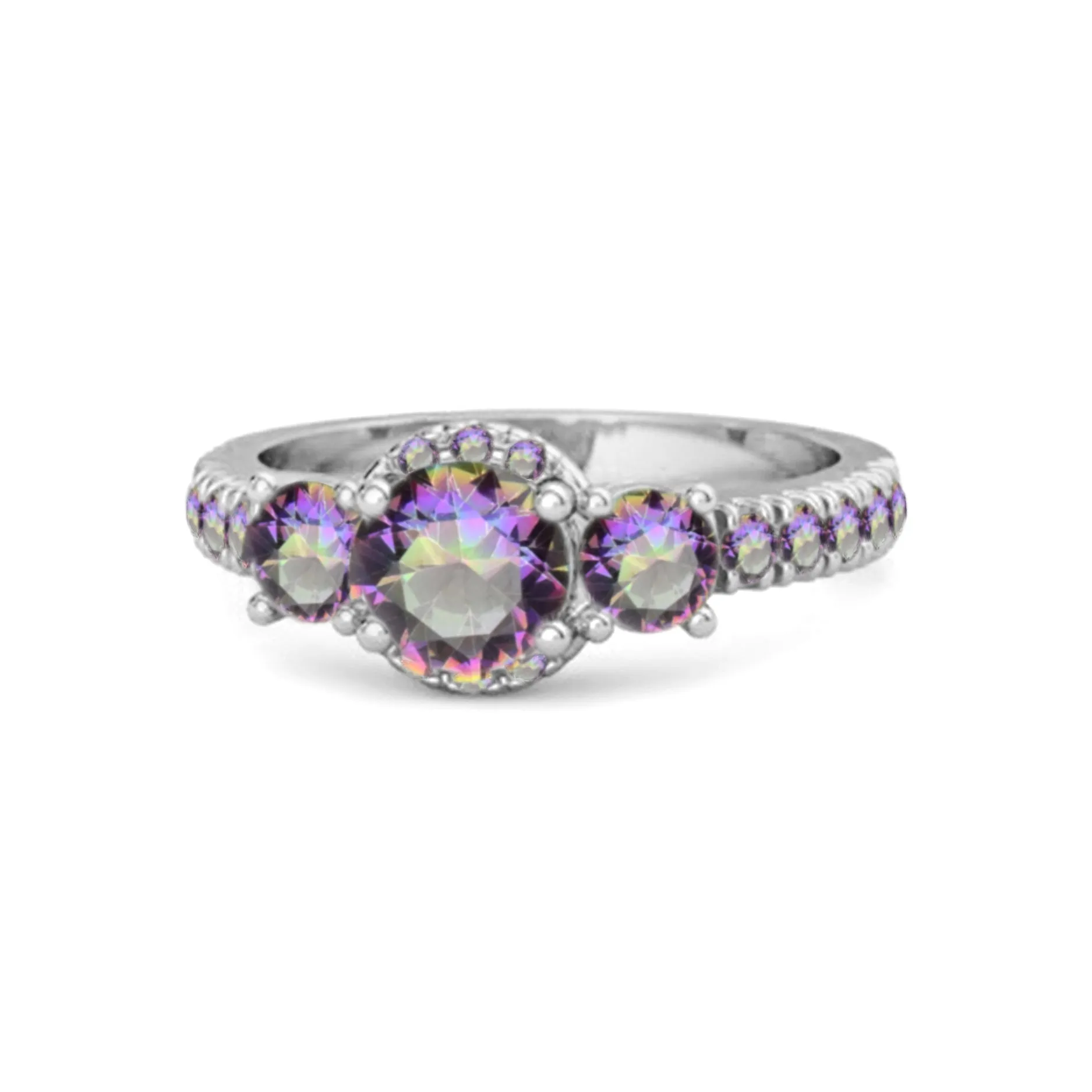 Three Stone Mystic Topaz Rare Cut 925 Sterling Silver Accent Ring