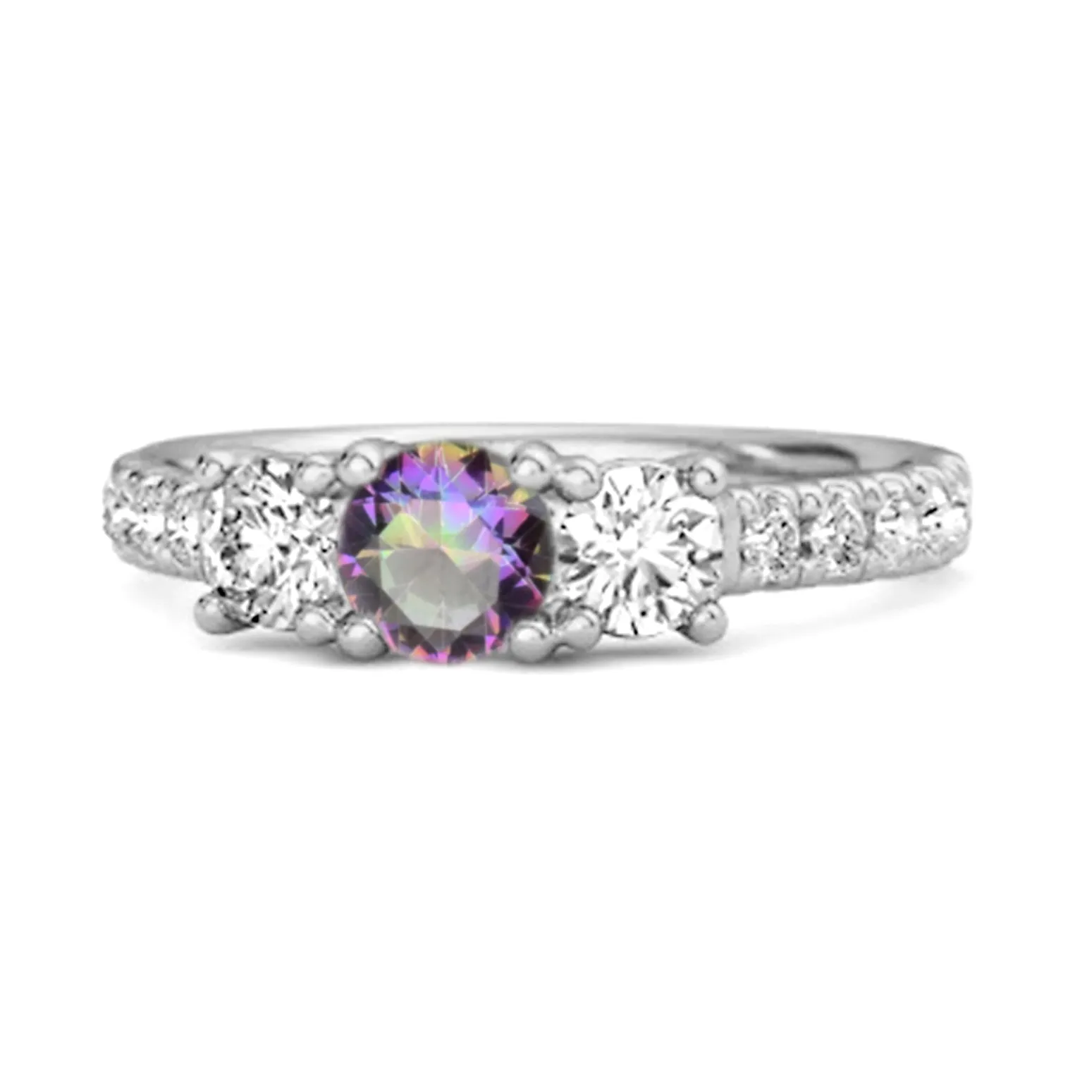 Three Stone Round Cut Natural Mystic Topaz 925 Silver Engagement Ring