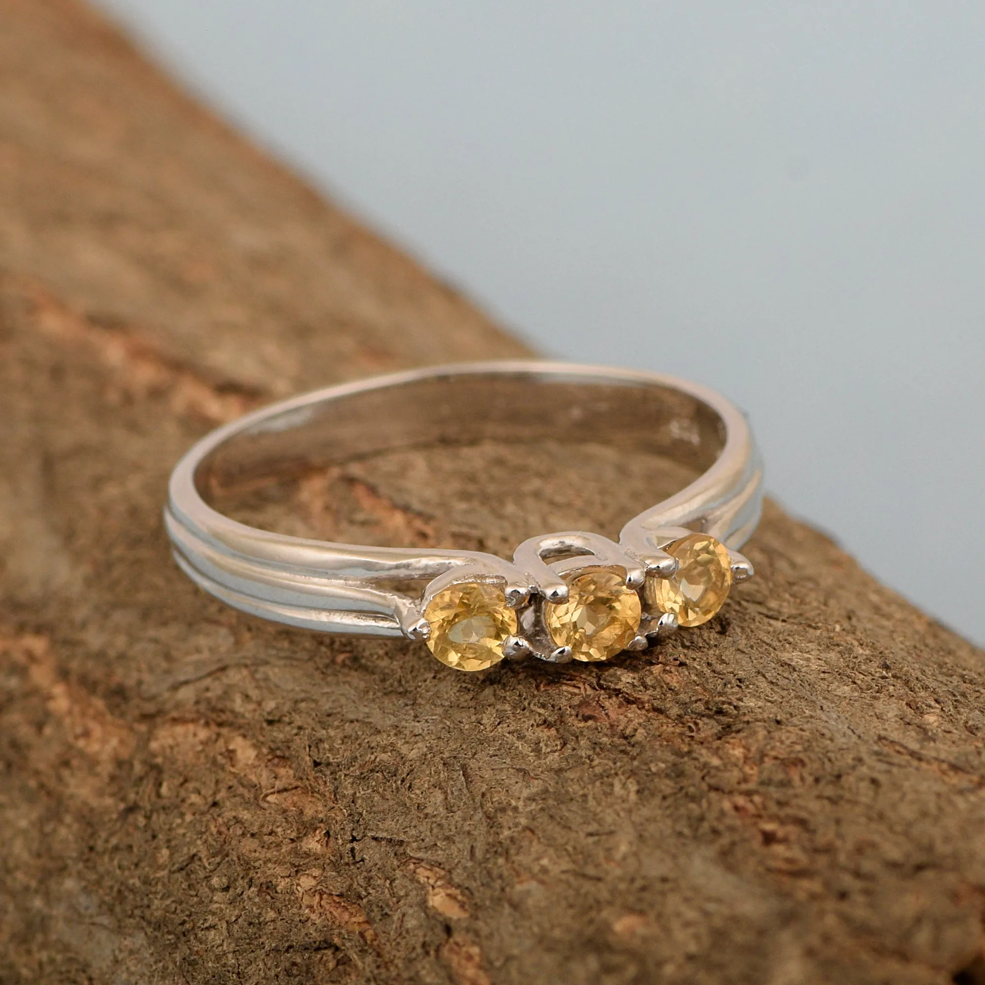 Trilogy Gemstone Round 3mm Citrine 925 Sterling Silver Platinum Plated Ring Gift for her