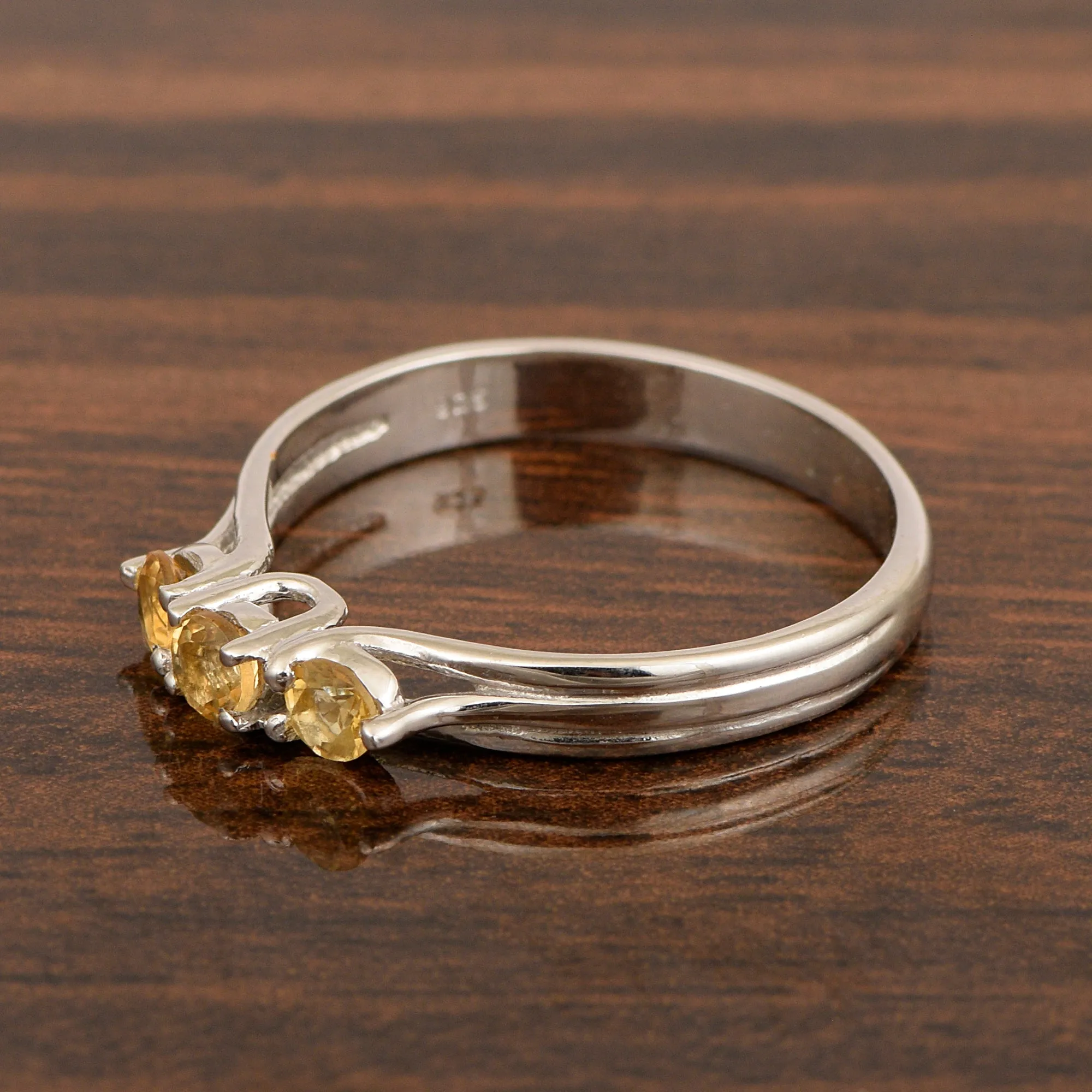 Trilogy Gemstone Round 3mm Citrine 925 Sterling Silver Platinum Plated Ring Gift for her