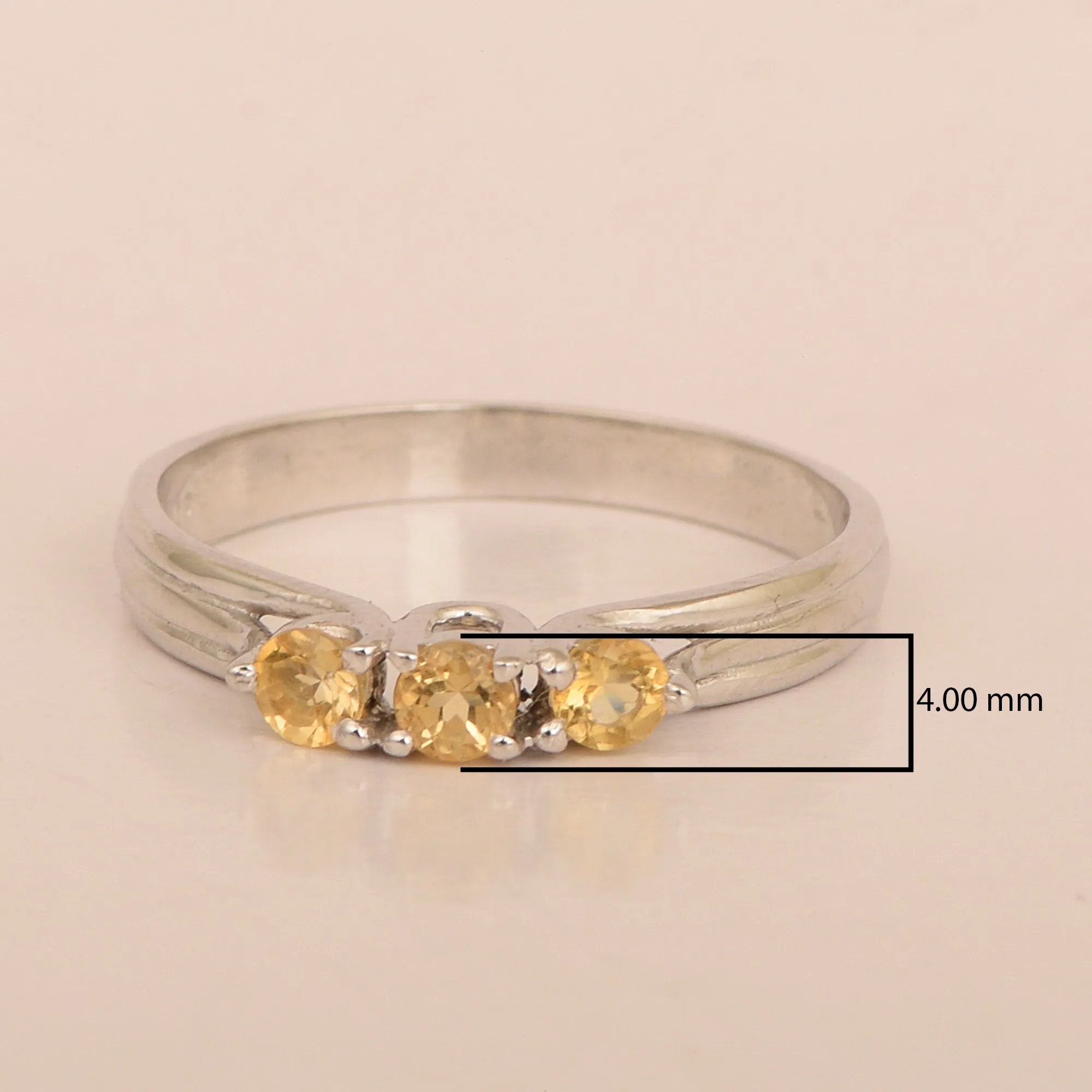 Trilogy Gemstone Round 3mm Citrine 925 Sterling Silver Platinum Plated Ring Gift for her